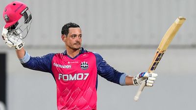 Quinton de Kock's record-breaking 115 at T20 World Cup 2024 final venue leads Barbados Royals to dominating 32-run win amidst uncertain T20I future Quinton de Kock celebrates his century for Barbados Royals (Getty Images)