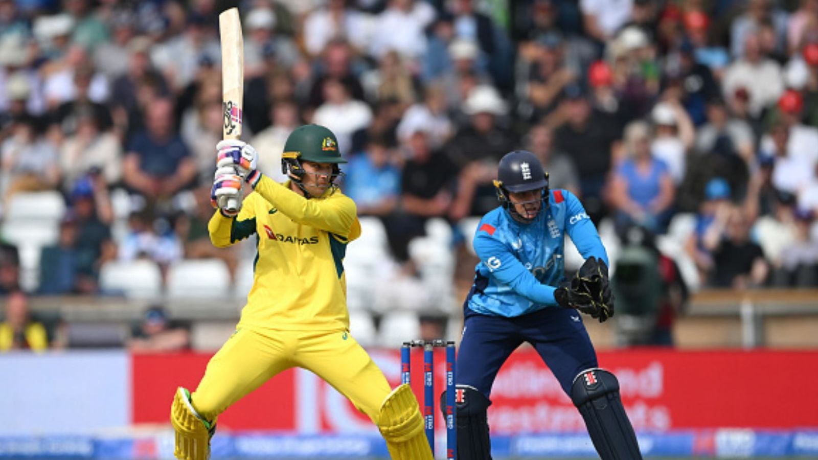 ENG vs AUS: Alex Carey-Mitchell Marsh's dashing knocks hand Australia 68-run win over England in 2nd ODI, lead series 2-0 Australia's batter Alex Carey (left) cuts for runs watched by England's Jamie Smith during second ODI at Headingley on September 21. (Getty)
