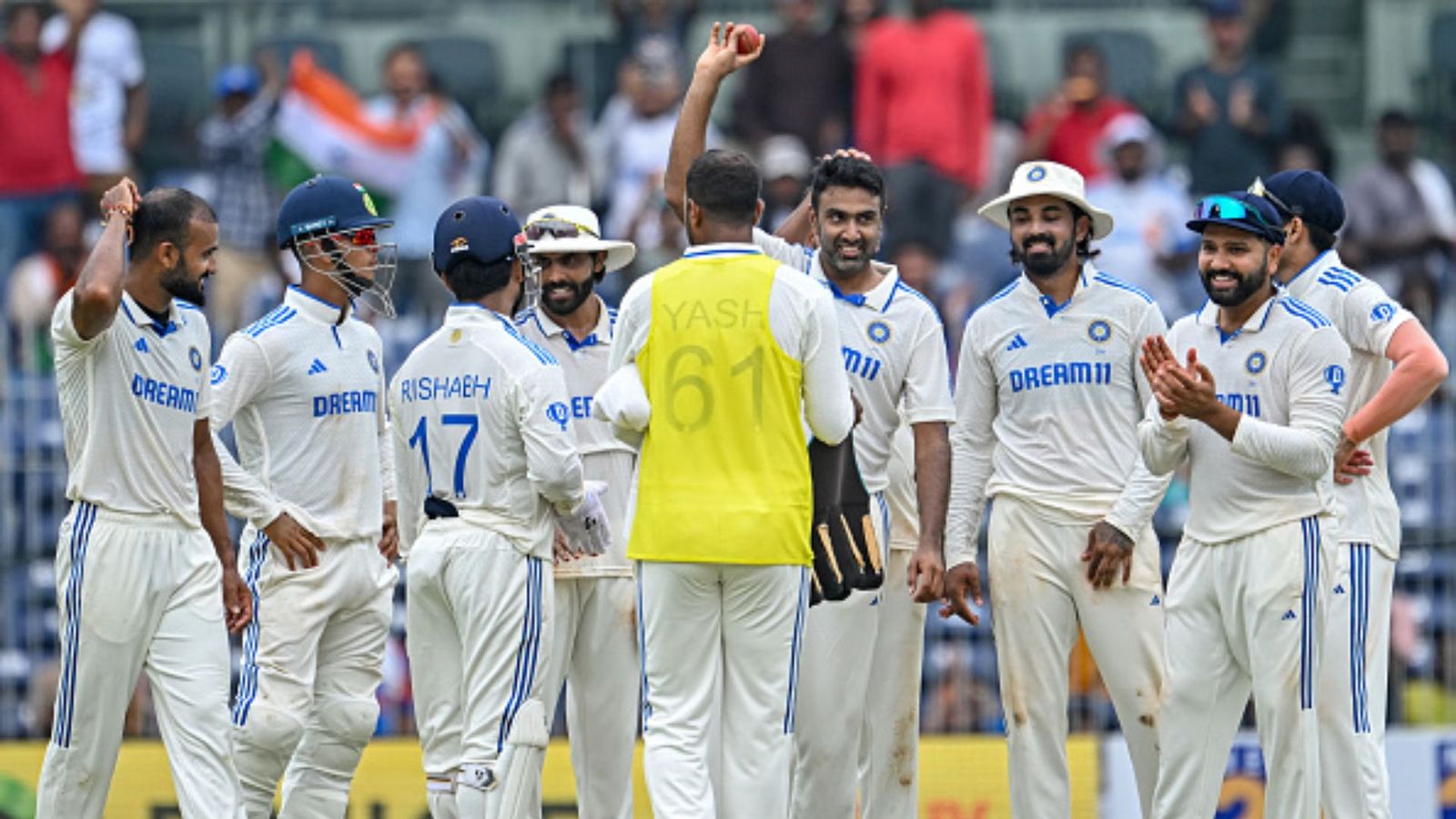 Ravichandran Ashwin's all-round show followed by Rishabh Pant and Shubman Gill's ton help India to win 1st Test against Bangladesh Indian squad celebrating Ashwin's fifer (getty)