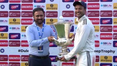 Prasidh Krishna, Tanush Kotian's bowling blitz dampens Sai Sudharsan's ton as India A beat India C to clinch Duleep Trophy title India A captain Mayank Agarwal with Duleep Trophy 2024 trophy. (X)