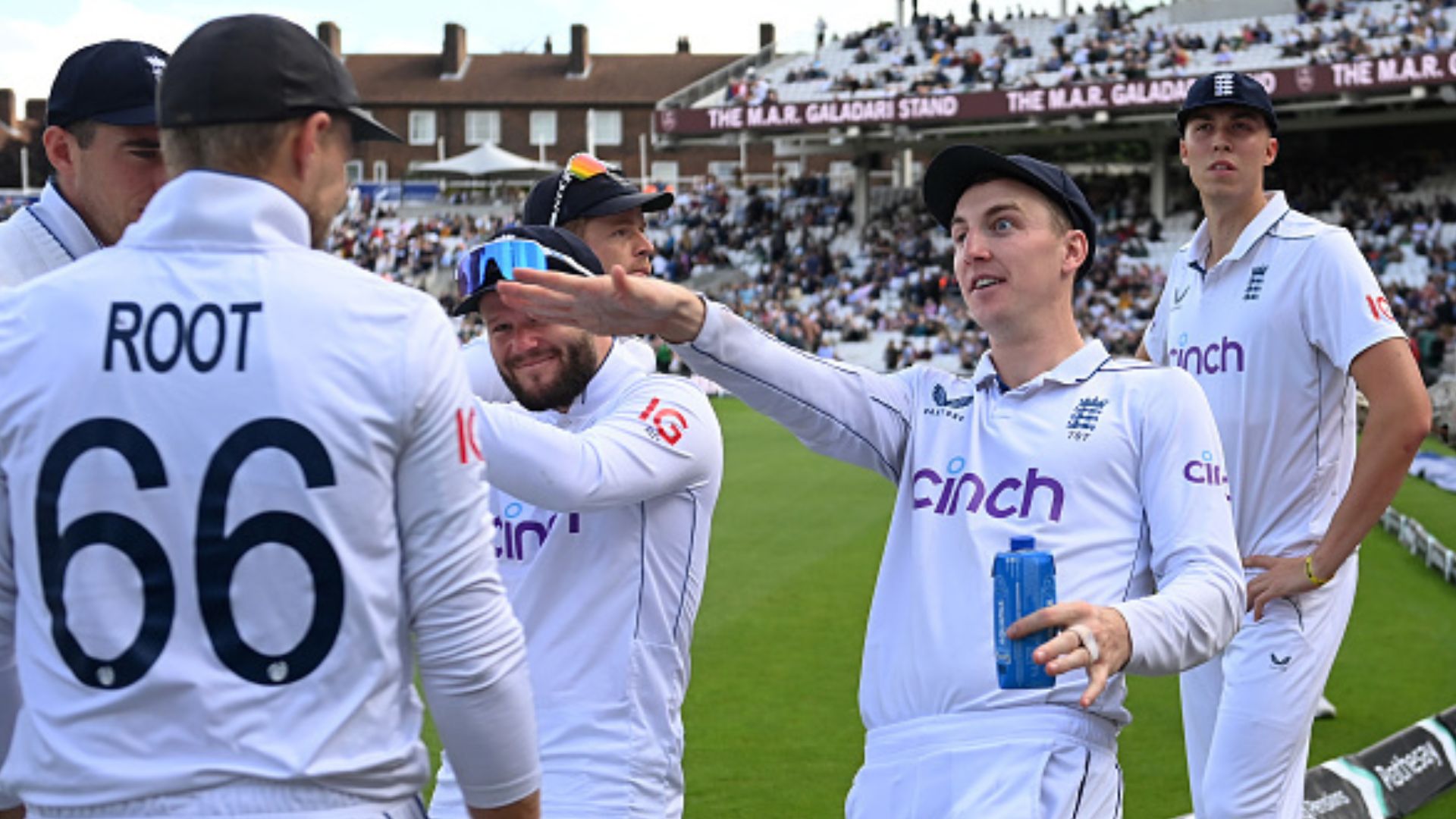 He will go down as England's greatest batter even if he doesn't break Tendulkar's record: Ian Bell's massive claim on batting maestro England's Harry Brook (2nd from right) gestures towards Joe Root while having a talk before Day 3 of the third Test against Sri Lanka at The Kia Oval on September 8 in London. (Getty)