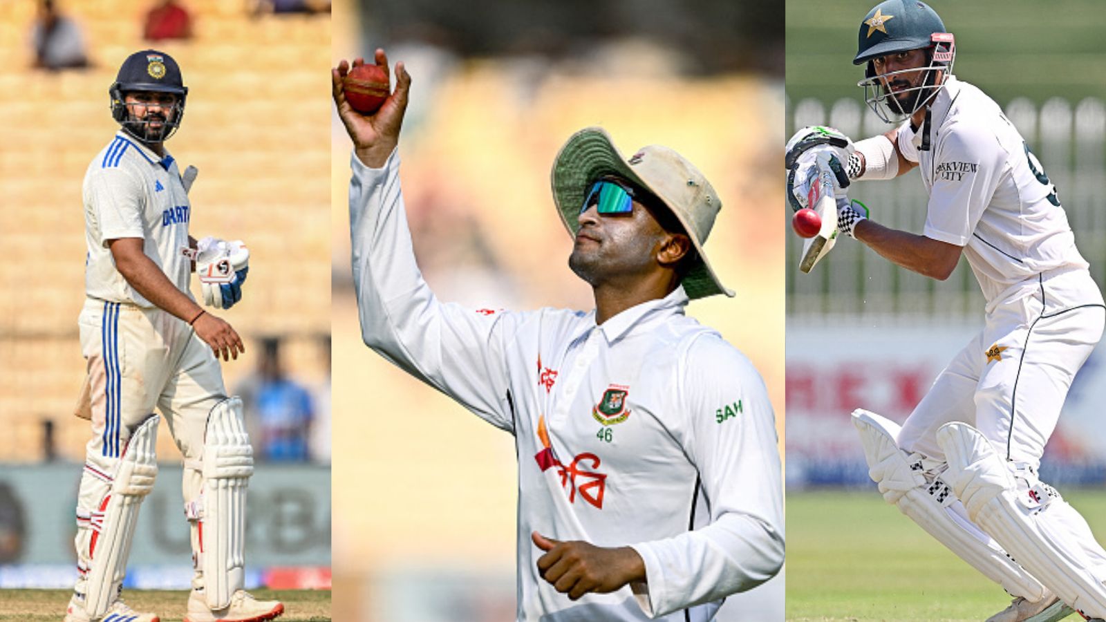 'That is a massive factor': Shakib Al Hasan reveals key reasons behind India's Test dominance and 'inexperienced' Pakistan's fiasco From Left: India's Rohit Sharma (left), Bangladesh's Shakib Al Hasan (centre) and Pakistan's Shan Masood in this frame. (Getty)