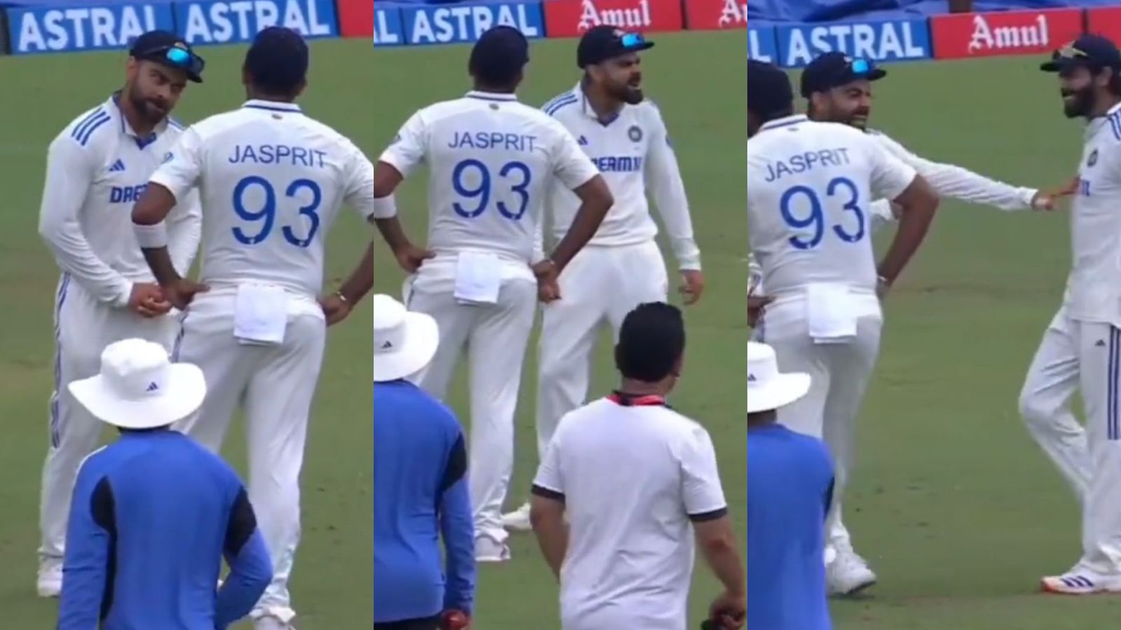 Virat Kohli, Ravindra Jadeja mimic Jaspirt Bumrah's bowling action in hilarious style in front of him during IND vs BAN 2nd Test - WATCH Virat Kohli, Ravindra Jadeja mimic Jaspirt Bumrah's bowling action (Twitter screen grab)