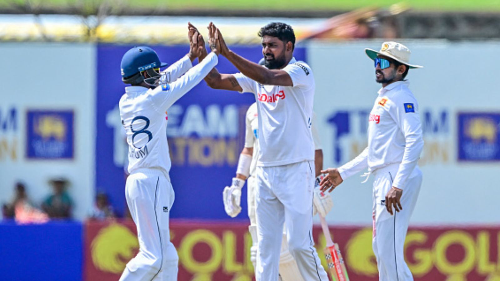 SL vs NZ, 2nd Test: Sri Lanka sniff series sweep as New Zealand left lurching at 199/5 after follow-on, lose 13 wickets on Day 3 Sri Lanka's Prabath Jayasuriya (C) celebrates with teammates after taking the wicket of New Zealand's Kane Williamson during the third day of the second Test cricket match between Sri Lanka and New Zealand at the Galle International Cricket Stadium in Galle on September 28, 2024. (Getty)