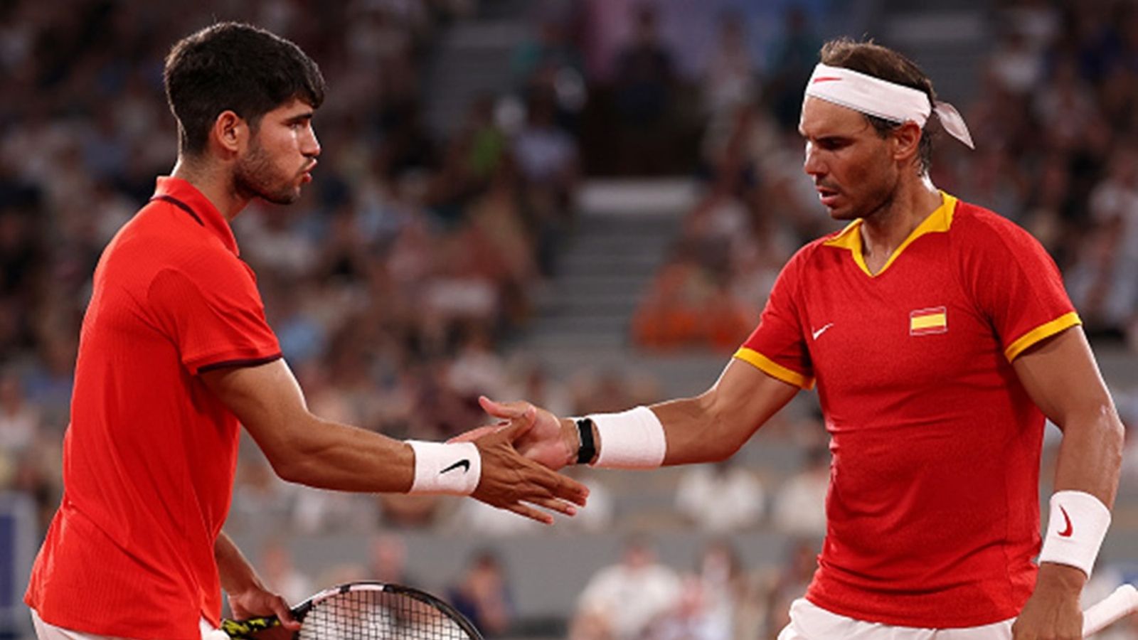 Rafael Nadal and Carlos Alcaraz on Spain's roster for the Davis Cup Finals Rafael Nadal and Carlos Alcaraz interact against Austin Krajicek and Rajeev Ram during the Men's Doubles Quarter-final match on day five of the Olympic Games Paris 2024 at Roland Garros