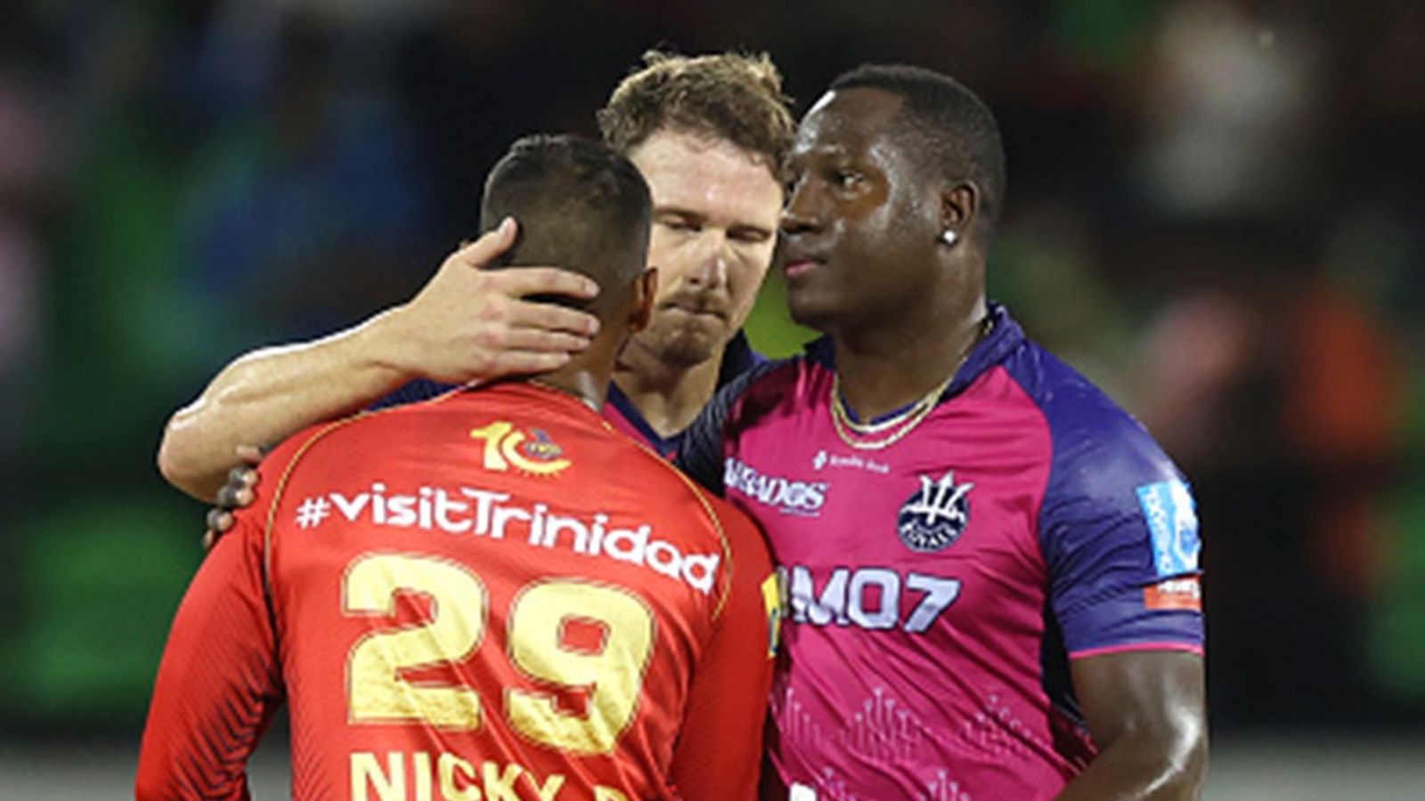 David Miller's 17-ball fifty helps Royals storm into CPL 2024 Qualifier as floodlight malfunction disappoints Knight Riders despite Nicholas Pooran's 91 Rovman Powell, David Miller of Barbados Royals and Nicholas Pooran of Trinbago Knight Riders during the CPL 2024 eliminator