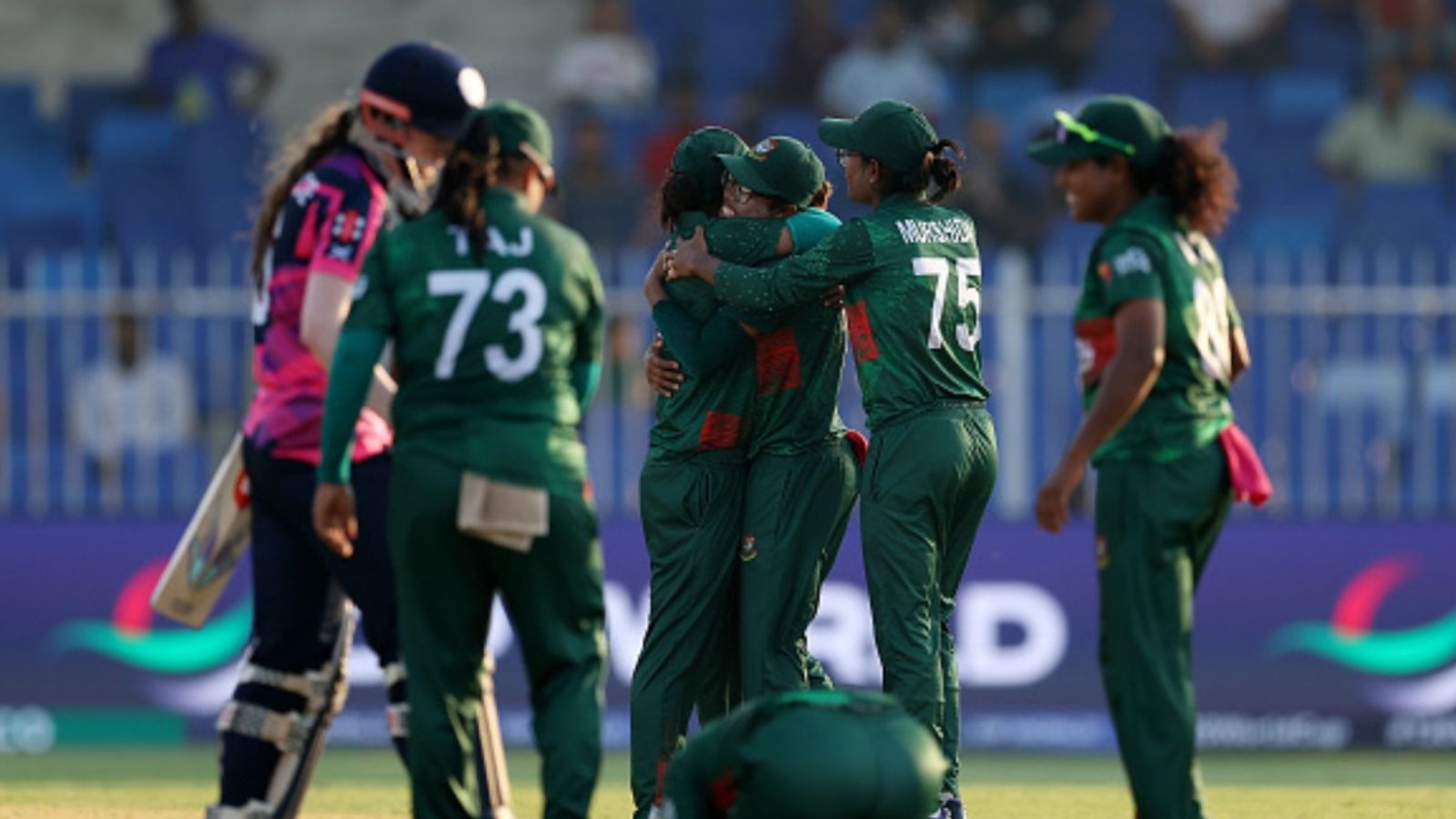 Bangladesh breaks a decade drought to clinch 1st victory in T20 World Cup since 2014 with 16-run win against Scotland Bangladesh players celebrate after beating Scotland in Women's T20 World Cup 2024 match.