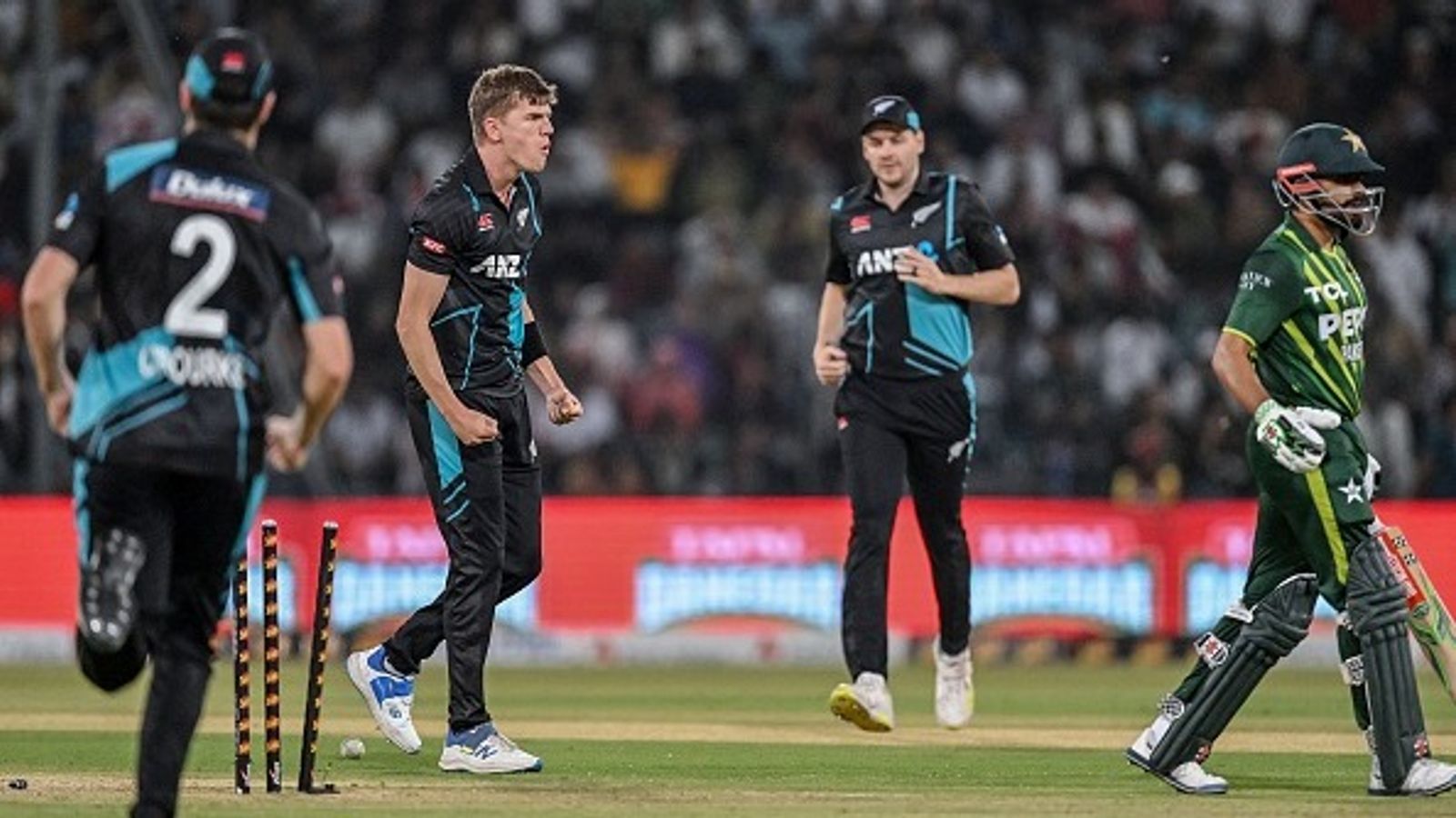 Massive blow to New Zealand as star player ruled out of Test series, pacer who conceded 100 runs in an ODI vs India in 2023 called as replacement New Zealand's Ben Sears (2L) celebrates after taking the wicket of Pakistan's captain Babar Azam (R) during the fifth and last Twenty20 international cricket match between Pakistan and New Zealand