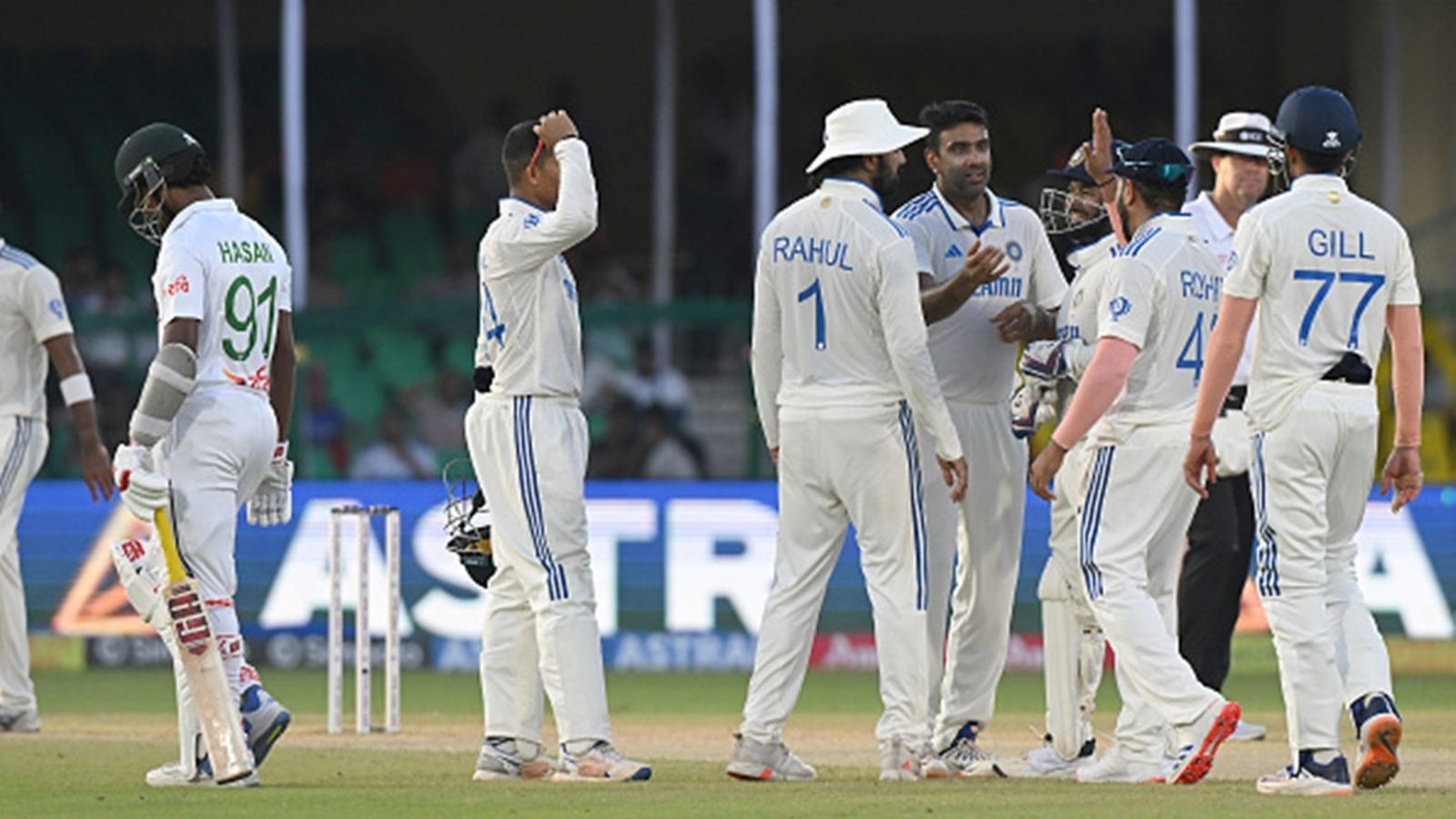 Major setback for India ahead of 1st Test against New Zealand as star player complains of stiff neck to team management Ravichandran Ashwin (C) of India celebrates the wicket of Hasan Mahmud of Bangladesh with teammates during the second Test