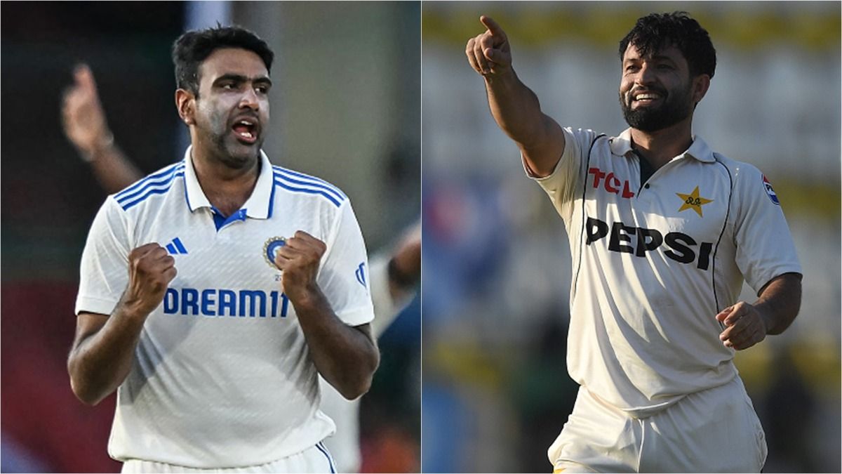 R Ashwin celebrates a wicket against Bangladesh; Kamran Ghulam celebrates his century on debut against Bangladesh.