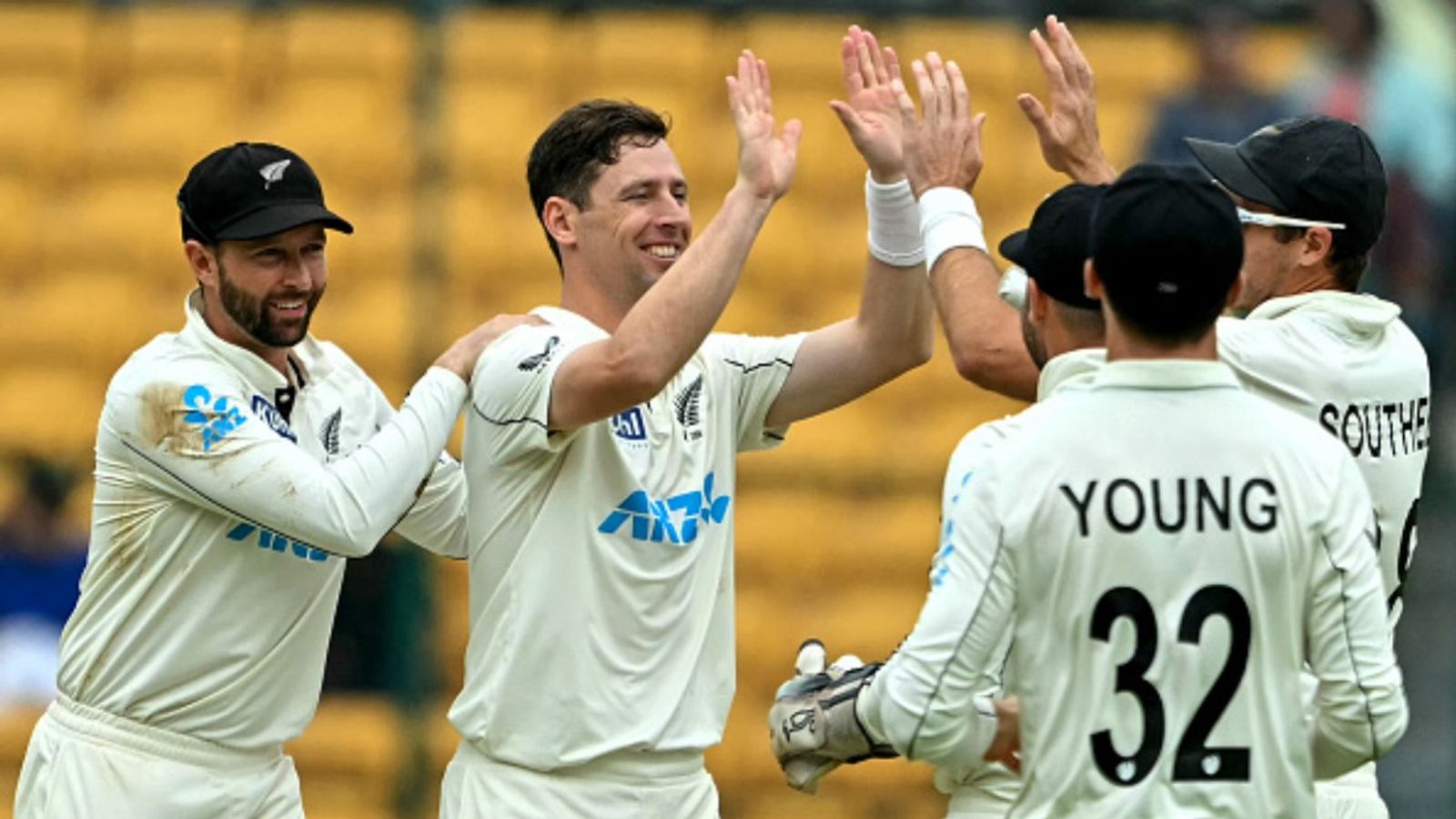 IND vs NZ: 5 ducks, India record their lowest Test total at home as Matt Henry, William O'Rourke bowl out hosts for just 46 New Zealand players celebrating Ravichandran Ashwin's wicket