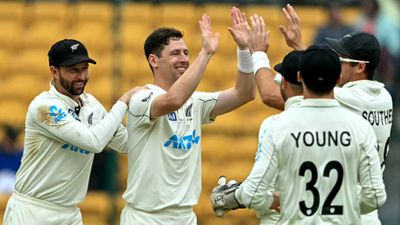 IND vs NZ: 5 ducks, India record their lowest Test total at home as Matt Henry, William O'Rourke bowl out hosts for just 46 New Zealand players celebrating Ravichandran Ashwin's wicket