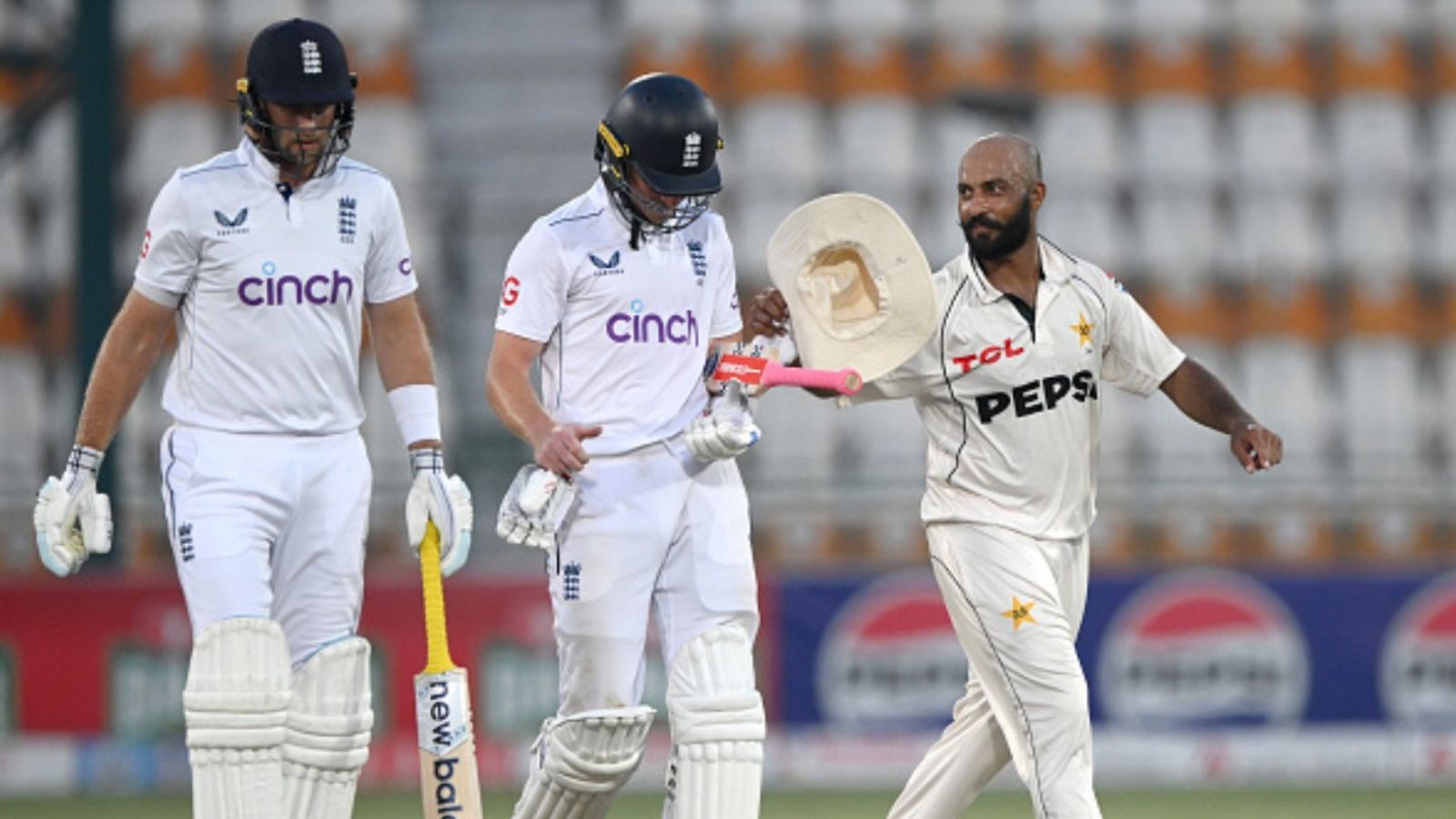 PAK vs ENG, 2nd Test: Shoaib Bashir-Jack Leach's spin wizardry devastates Pakistan as England 261 runs away from sweeping series Pakistan bowler Sajid Khan shares a joke with England batsman Ollie Pope as the teams leave the field after Day 3 of the 2nd Test at Multan Cricket Stadium on October 17, 2024 in Multan