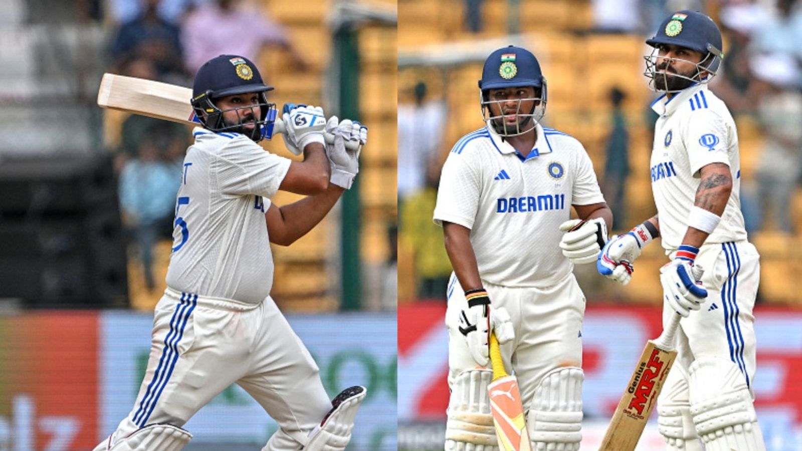 IND vs NZ, 1st Test: Rohit, Kohli, Sarfaraz's fifties lead India's fightback with solid 231/3 on Day 3 in reply to New Zealand's 402, trail by 125 runs India's Rohit Sharma (left), Sarfaraz Khan and Virat Kohli (right) in this frame.