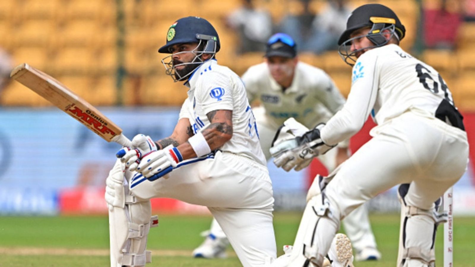 This team pulled off a Test victory after being shot down for 45 in 1st innings. Can India replicate the same feat against New Zealand? India's batting maestro Virat Kohli in action in this frame.