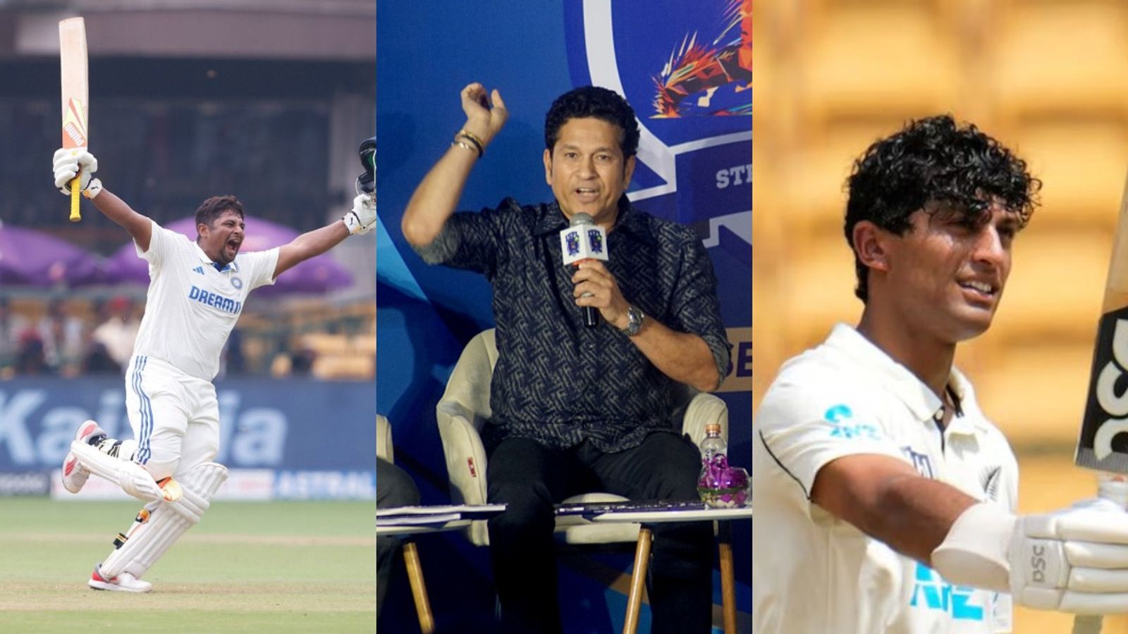 'Cricket has a way of connecting us to...': Sachin Tendulkar hails Rachin Ravindra and Sarfaraz Khan following their centuries in Bengaluru Sachin Tendulkar with Sarfaraz Khan and Rachin Ravindra