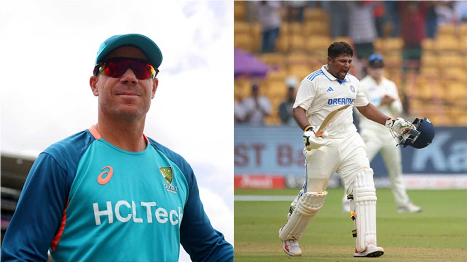 David Warner shares post with Sarfaraz Khan's father's shayari to congratulate him on maiden Test ton David Warner during a training session; Sarfaraz Khan celebrates his maiden Test century