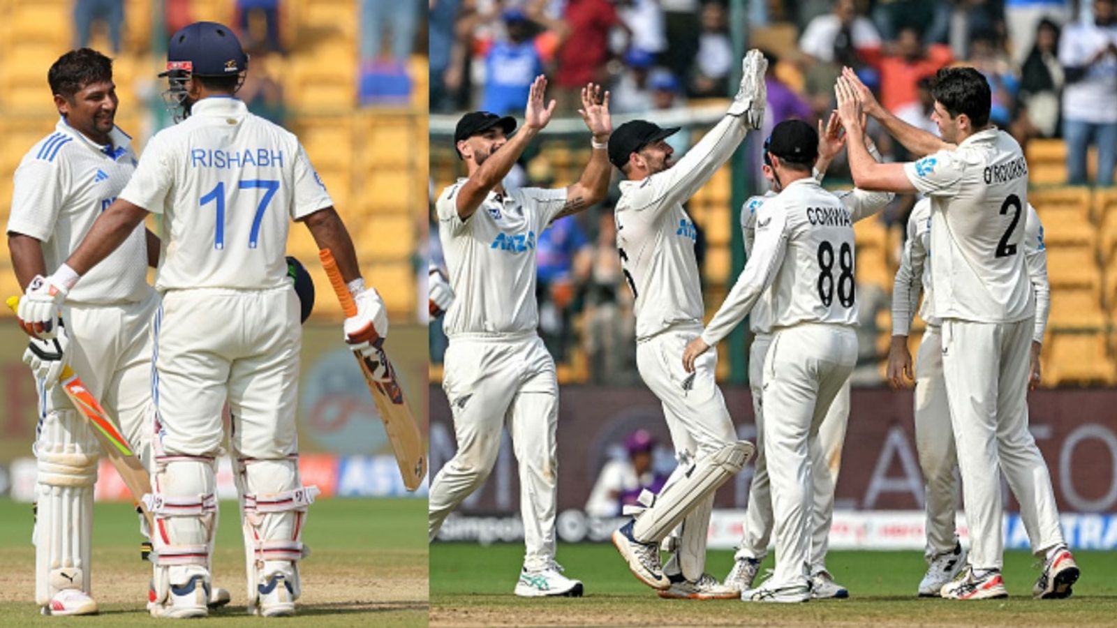 IND vs NZ: India pins all hopes on rain gods as New Zealand need just 107 runs to win 1st Test despite Sarfaraz, Pant's bravado From Left: India's Sarfaraz Khan, Rishabh Pant and New Zealand team in this frame