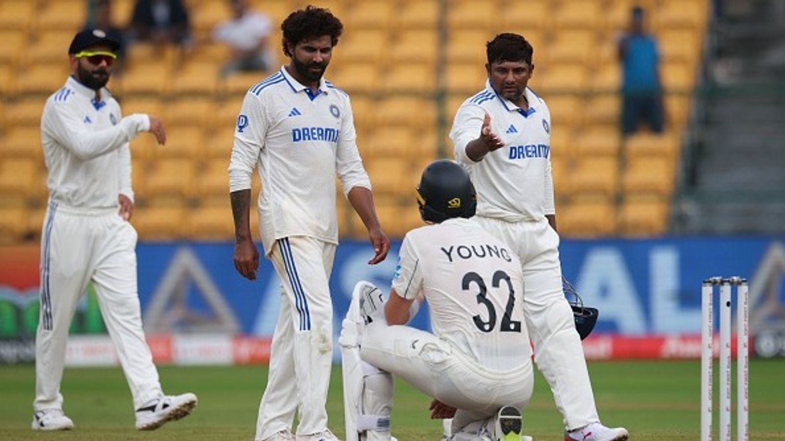 IND vs NZ: New Zealand script history with first Test win on Indian soil after 36 years; Sarfaraz Khan, Rishabh Pant's rescue knocks go in vain Ravindra Jadeja and Sarfaraz Khan of India check in on William Young of New Zealand during day five of the First Test match between India and New Zealand at M. Chinnaswamy Stadium