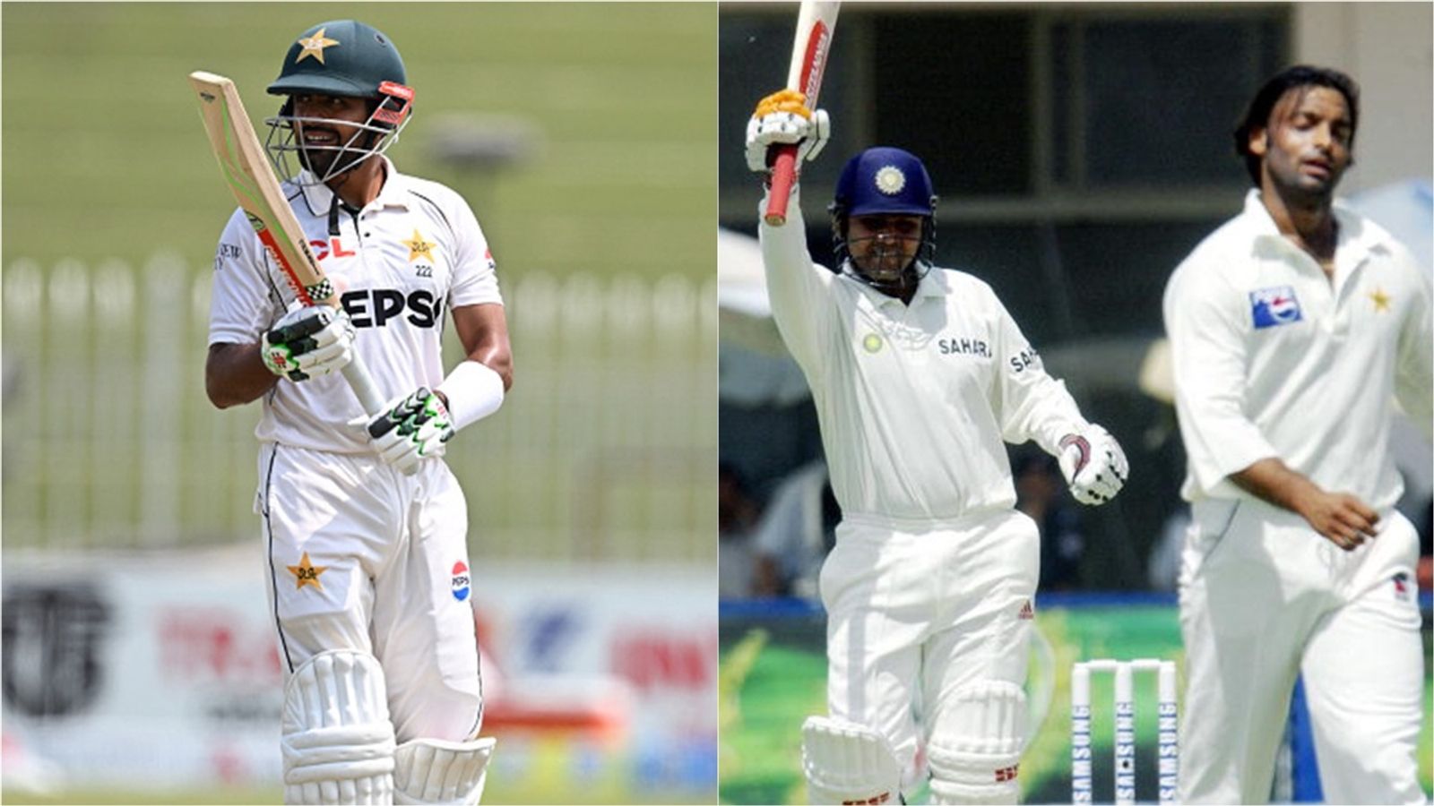 Virender Sehwag gives straightforward answer to Shoaib Akhtar asking him for advice to struggling Babar Azam Babar Azam after losing his wicket; Virender Sehwag celebrates his century while Shoaib Akhtar walks back to his bowling mark