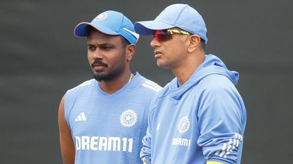 Sanju Samson with former India head coach Rahul Dravid during T20 World Cup 2024.