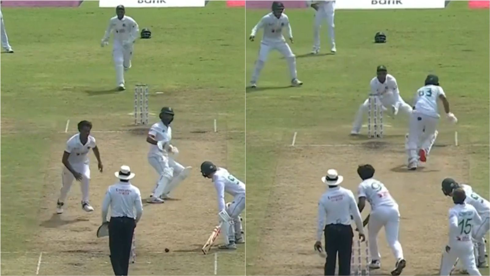 WATCH: Bangladesh pacer who bagged a fifer vs India misses run out and hits South African tailender on hips with wild throw Hasan Mahmud's throw goes wide and hits Dane Piedt on hips during Day 2 of first Test
