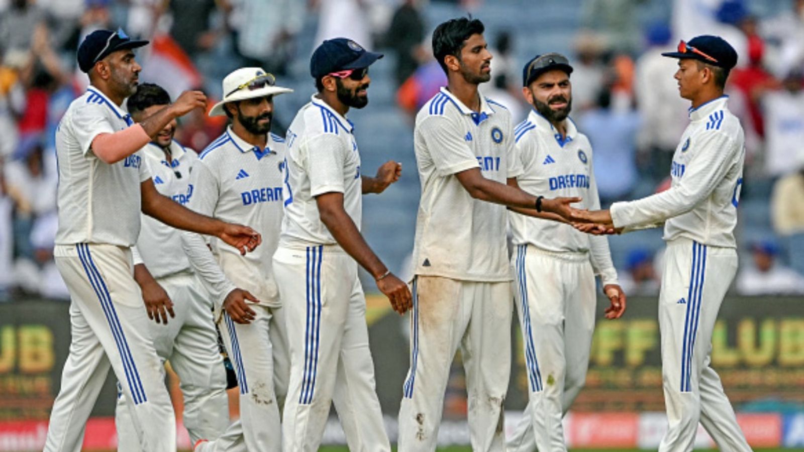 IND vs NZ, 2nd Test: India off to cautious start post Rohit Sharma's duck after Washington Sundar's spin mayhem stifles New Zealand to 259 Washington Sundar (centre) celebrates the dismissal of New Zealand batter with his teammates on Day 1 of the second Test