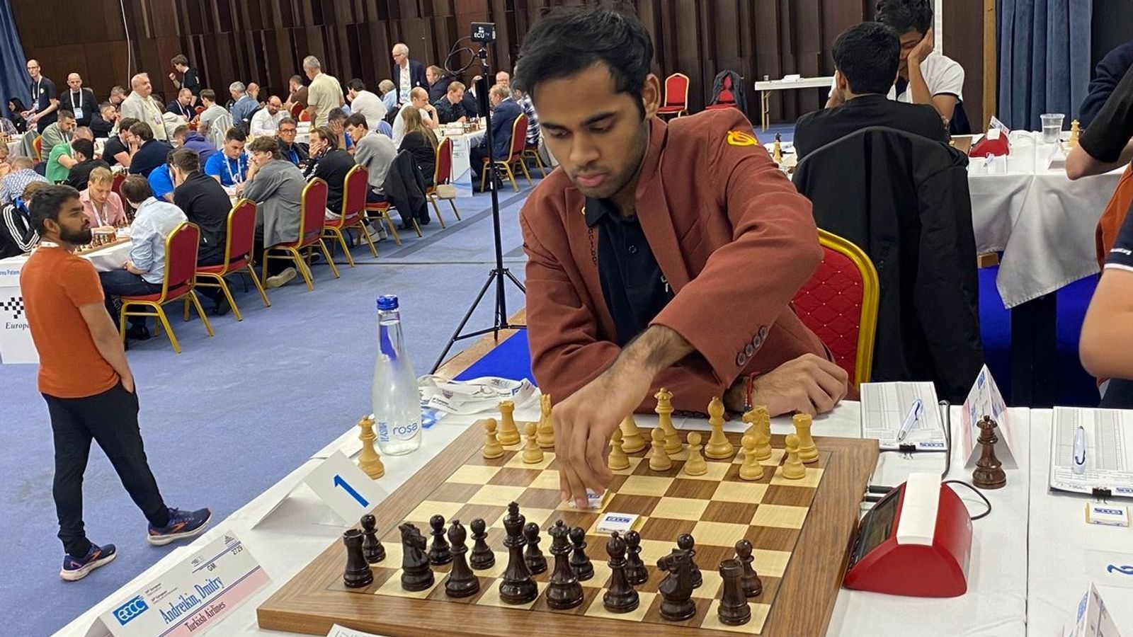 Arjun Erigaisi scripts history, becomes just 2nd Indian to surpass 2800 in live ELO rating list after Viswanathan Anand with win over Dmitry Andreikin India's star chess player Arjun Erigaisi in this frame.