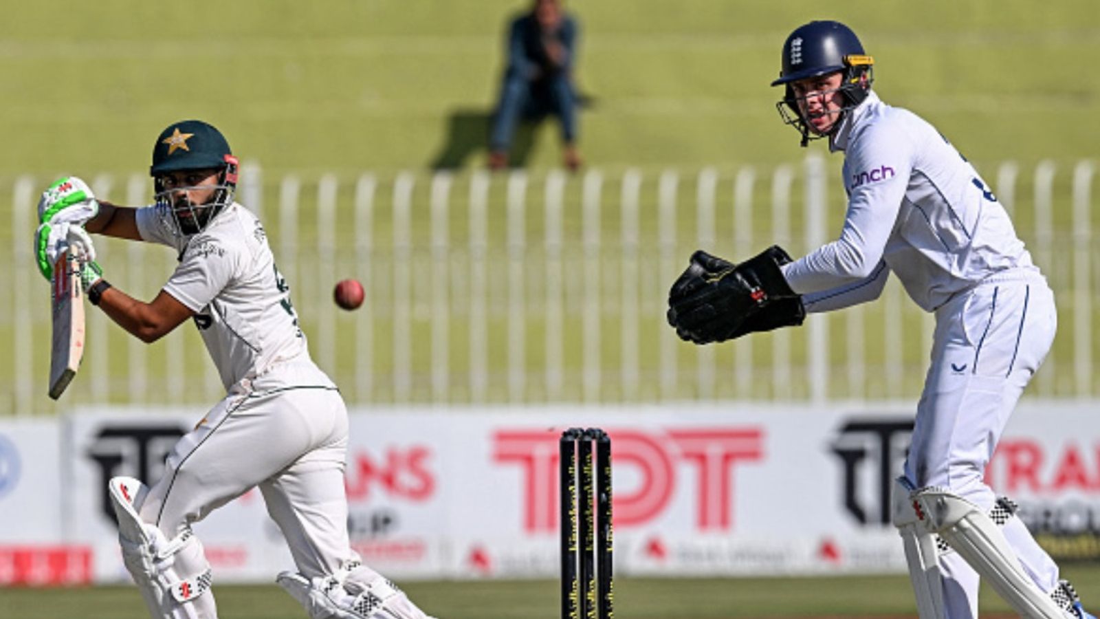PAK vs ENG, 3rd Test: Saud Shakeel's robust 134 sets Pakistan on course for victory as hosts leave England reeling at 24/3 after posting 344 Pakistan's Saud Shakeel (L) plays a shot as England's wicketkeeper Jamie Smith looks on during the second day of the third and final Test at the Rawalpindi Cricket Stadium in Rawalpindi on October 25