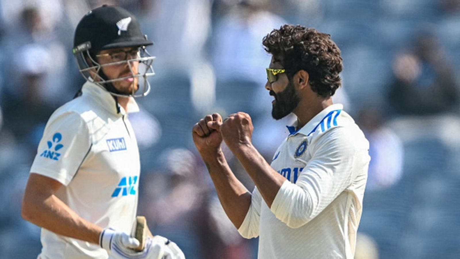 IND vs NZ: India need 359 runs to keep unmatched home record alive, Jadeja's three-fer helps hosts bowl out New Zealand for 255 India's Ravindra Jadeja celebrates after taking the wicket of New Zealand's Mitchell Santner (L) during the third day of the second Test
