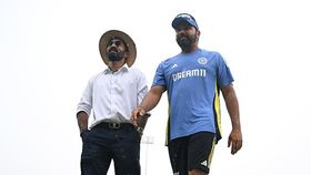 India captain Rohit Sharma (R) speaks with commentator Dinesh Karthik in this frame India captain Rohit Sharma (R) speaks with commentator Dinesh Karthik in this frame
