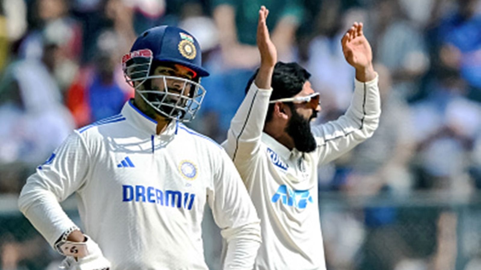 'When Rishabh Pant is in the crease, everyone is scared': Ajaz Patel makes huge revelation after New Zealand's historic cleansweep against India New Zealand's Ajaz Patel (R) celebrates after taking the wicket of India's Sarfaraz Khan (not pictured) as Rishabh Pant looks on during the third day of the third and final Test cricket match at the Wankhede Stadium in Mumbai on November 3, 2024.