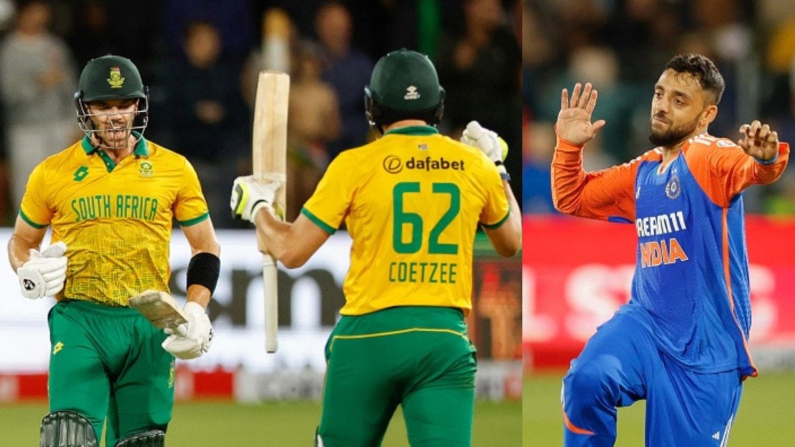 IND vs SA: Tristan Stubbs' unbeaten 47 dampens Varun Chakravarthy's fifer as India go down to South Africa by 3 wickets in 2nd T20I From Left: South Africa's Tristan Stubbs, Gerald Coetzee and India's Varun Chakravarthy
