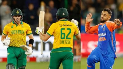 IND vs SA: Tristan Stubbs' unbeaten 47 dampens Varun Chakravarthy's fifer as India go down to South Africa by 3 wickets in 2nd T20I From Left: South Africa's Tristan Stubbs, Gerald Coetzee and India's Varun Chakravarthy