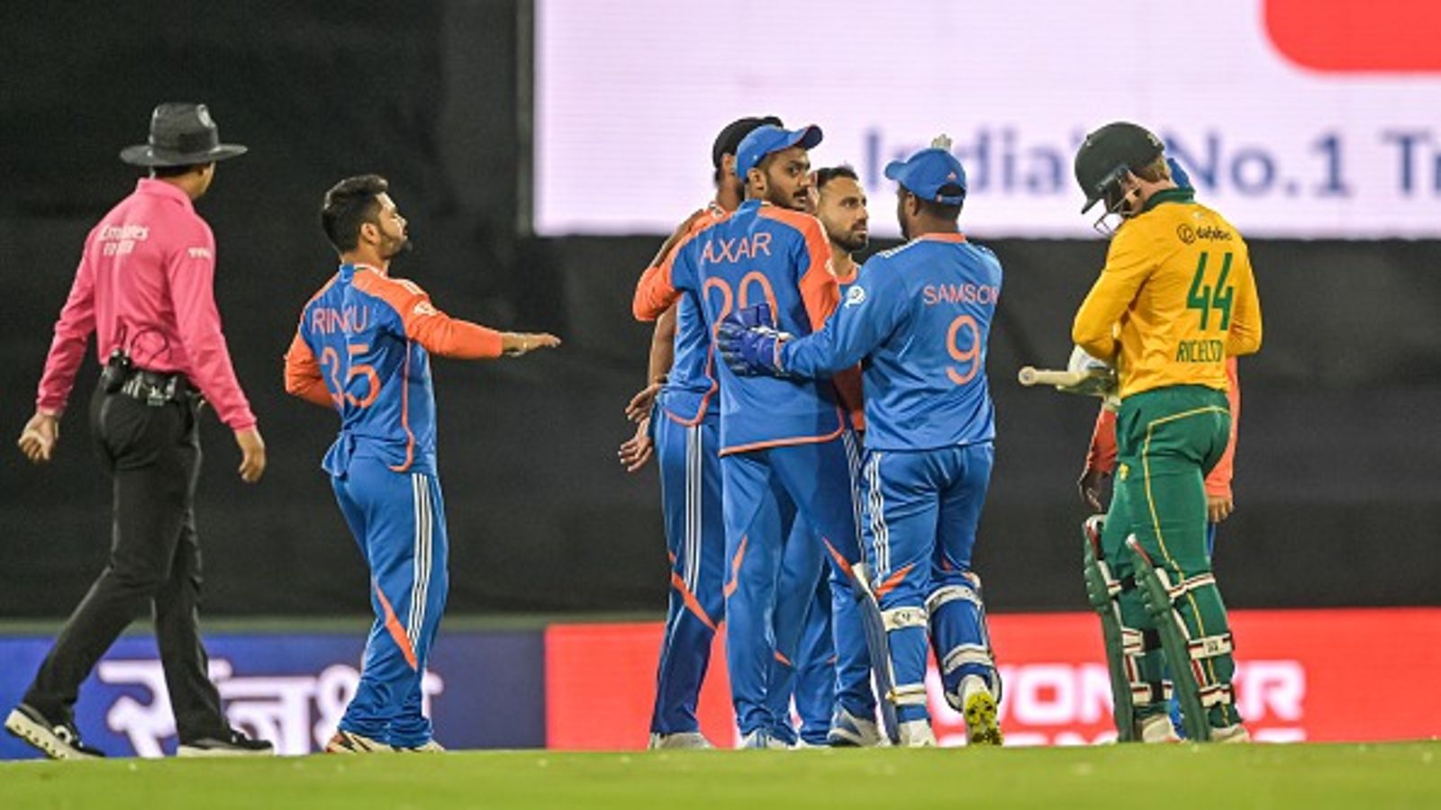 IND vs SA: India survive South Africa scare to win 3rd T20I by 11 runs as Tilak Varma's historic ton pips Marco Jansen's carnage-filled knock India's Arshdeep celebrates with his teammates after getting the wicket of South Africa's Ryan Rickelton during the third T20I