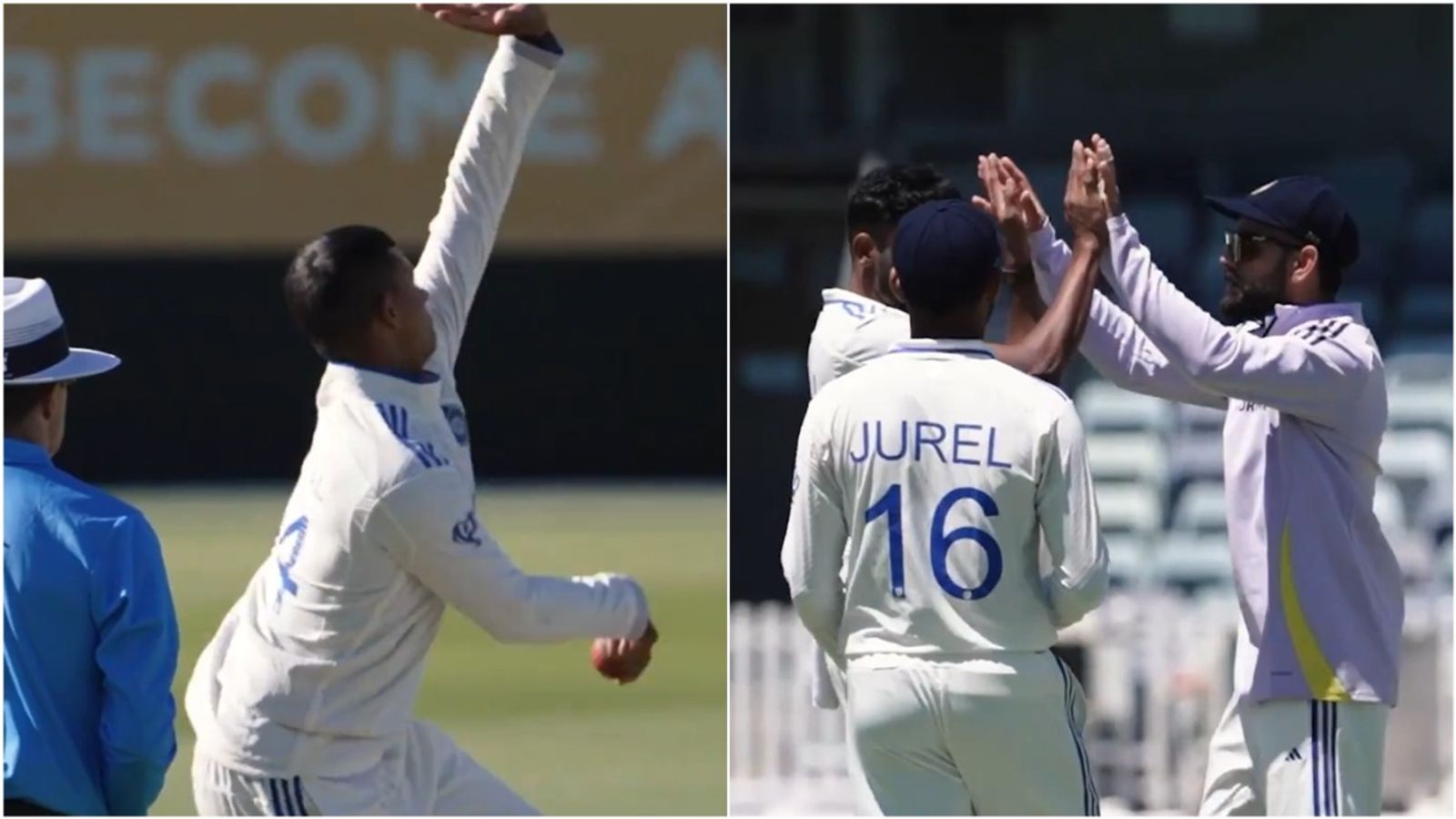 BCCI shares highlights of Day 2 of match simulation in Perth; Virat Kohli takes 2 catches, Yashasvi Jaiswal bowls leg spin Yashasvi Jaiswal bowls leg-spin; Mohammed Siraj celebrates a wicket with Virat Kohli and Dhruv Jurel during match simulations in Perth.