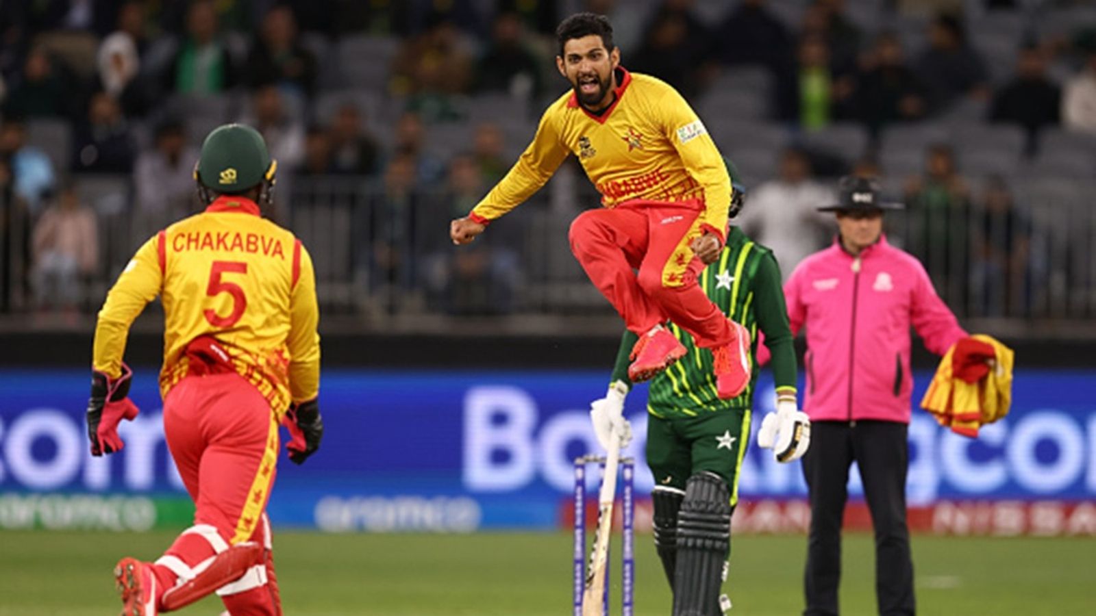 Zimbabwe announce T20I and ODI squads for home series against Pakistan, three uncapped players make the cut Sikandar Raza of Zimbabwe celebrates the wicket of Shan Masood of Pakistan during the ICC Men's T20 World Cup match between Pakistan and Zimbabwe at Perth Stadium on October 27, 2022 in Perth, Australia.