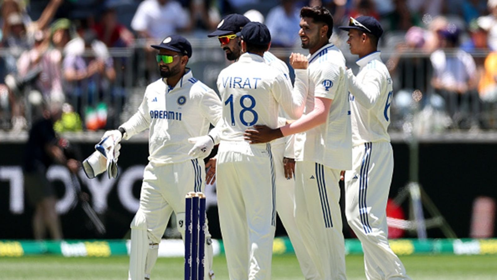 Australia register second-lowest total at Perth Stadium as Jasprit Bumrah's fifer, Harshit Rana's three-fer help India take 46-run lead Harshit Rana of India celebrates taking the wicket of Mitchell Starc of Australia for 26 runs during day two of the First Test match at Perth Stadium on November 23, 2024.