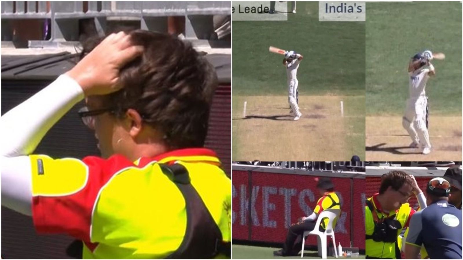 Watch: Virat Kohli's upper cut for six off Mitchell Starc hits steward in Perth on head, Australian players and physio rush to check on him Virat Kohli's upper cut for six hits the security guard on the side of head on Day 3 of Perth Test.