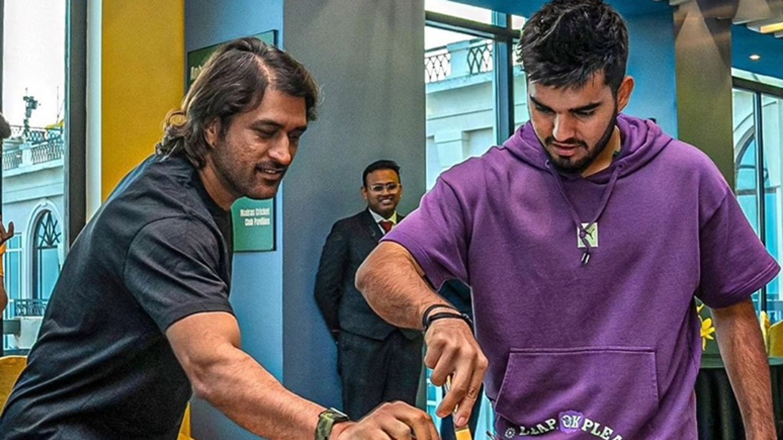 Picked by Gujarat Titans for just Rs 30 lakh, ex-CSK all-rounder smashes unbeaten 48-ball 100 in SMAT 2024 MS Dhoni and Nishant Sindhu during the latter's birthday celebration.