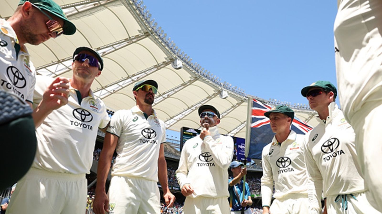 Injury scare for Australia! Second-highest run-scorer in pink-ball Tests hit on thumb during practice session in Adelaide; watch video Australian team huddle before play on day two of the First Test match in the series between Australia and India at Perth Stadium on November 23, 2024.