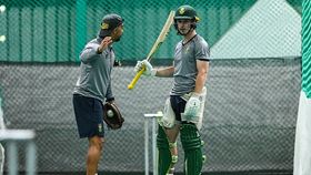 South Africa's former white-ball batting coach JP Duminy with Matthew Breetzke during a team training session South Africa's former white-ball batting coach JP Duminy with Matthew Breetzke during a team training session