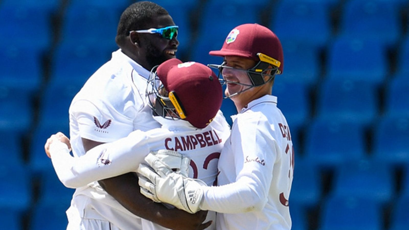 West Indies batter with 49.60 ODI average handed four-match suspension for not turning up for toss in Super50 final Rahkeem Cornwall (L), John Campbell (C) and Joshua de Silva (R) of West Indies celebrate the dismissal of Dimuth Karunaratne of Sri Lanka.