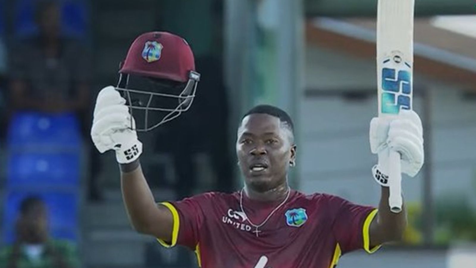 Gujarat Titans' new recruit emulates Chris Gayle as he whacks 8 sixes in 80-ball 113 to end West Indies's 11-match losing streak against Bangladesh Sherfane Rutherford celebrates his maiden ODI century.