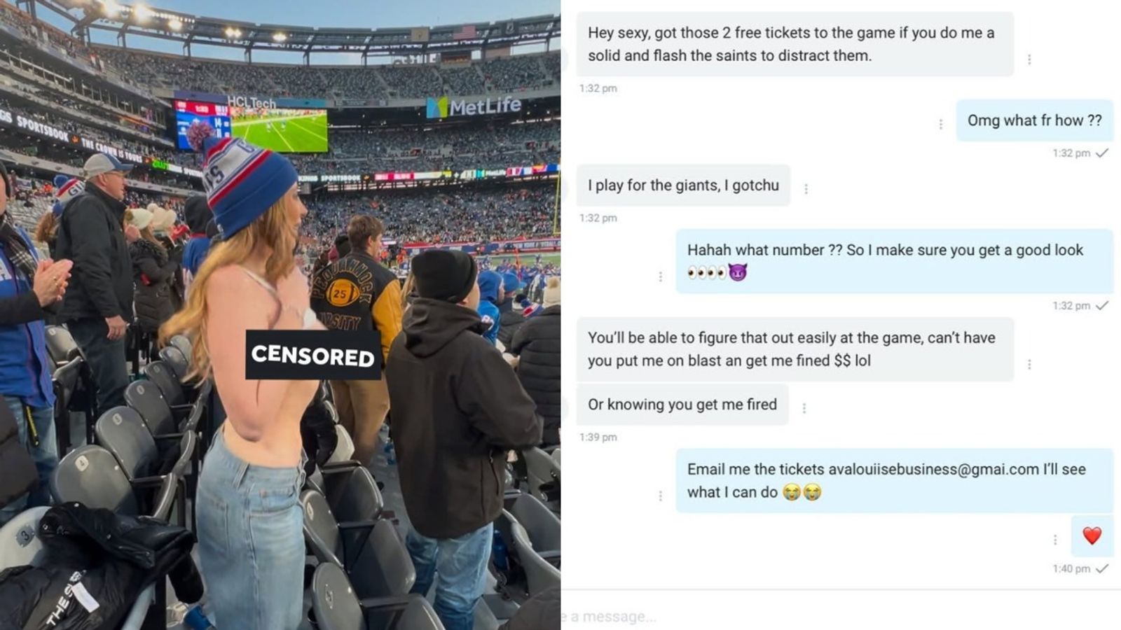 Model Flashing to Distract Rival Team : OnlyFans model makes a shocking revelation about NFL player asking her to flash in exchange of free tickets at Saints vs Giants Ava Louise in the frame and the text she received