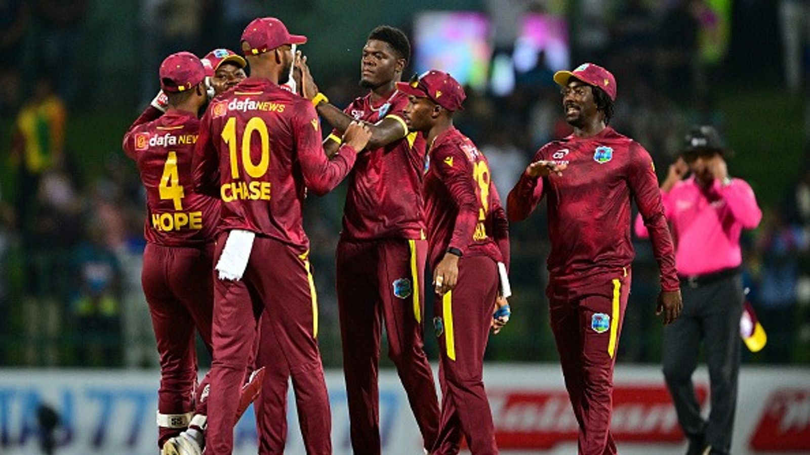 ICC comes up with big punishment for West Indies star after ugly spat with fourth umpire during 1st ODI against the Bangladesh West Indies' Alzarri Joseph (C) celebrates with teammates in this frame