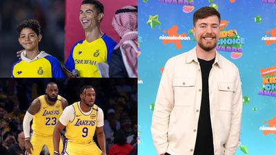 Cristiano Ronaldo shares his dreams of achieving LeBron and Bronny James' Father-Son Legacy on the Field speaking with MrBeast LeBron James, Bronny James, Cristiano Ronaldo and MrBeast in the frame