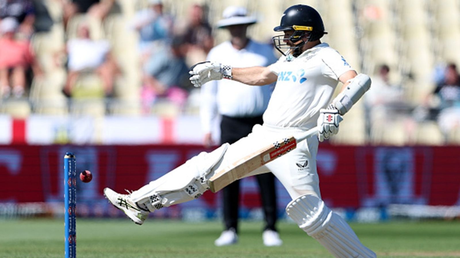 Kane Williamson kicks ball on to stumps in bizarre dismissal during 3rd Test against England; watch viral video Kane Williamson of New Zealand unsuccessfully attempts to guide the ball away from the stumps during day one of the Third Test Match in the series between New Zealand and England at Seddon Park on December 14, 2024 in Hamilton.