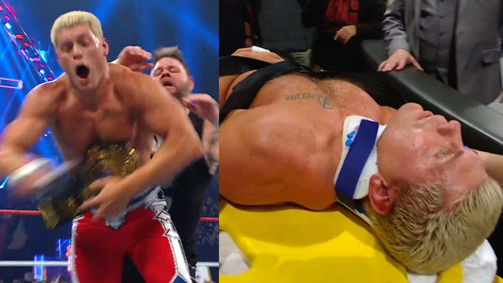 Watch : After losing to Cody Rhodes, Kevin Owens attacks him after Saturday Night's Main Event goes off air , Rhodes stretchered off Cody Rhodes and Kevin Owens in the frame