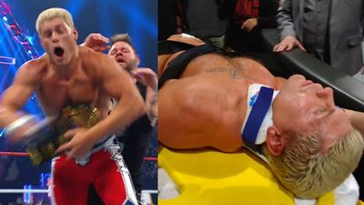 Watch : After losing to Cody Rhodes, Kevin Owens attacks him after Saturday Night's Main Event goes off air , Rhodes stretchered off Cody Rhodes and Kevin Owens in the frame